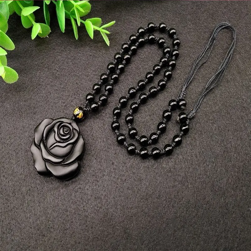 Obsidian Rose Pendant Necklace