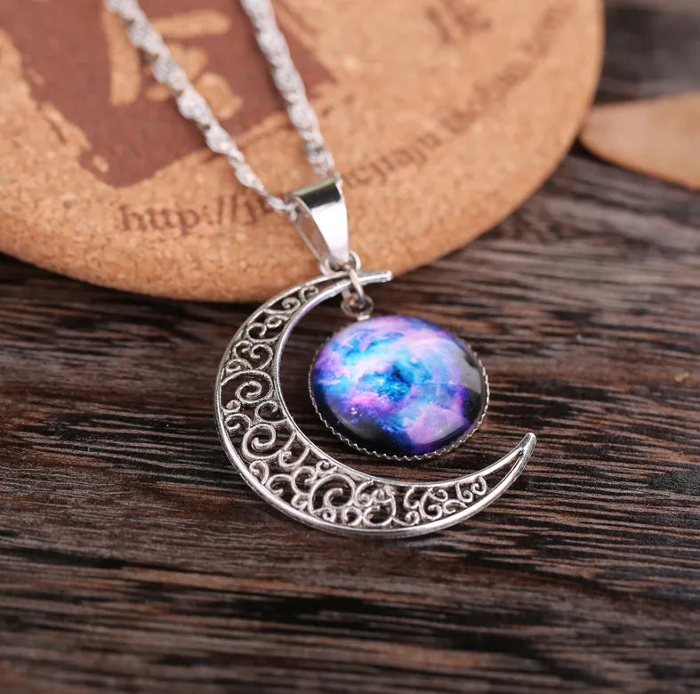 Beautiful Bohemian Starry Nebula Moon Necklace