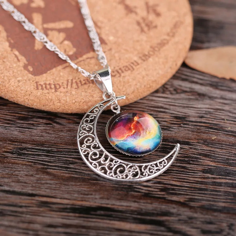 Beautiful Bohemian Starry Nebula Moon Necklace