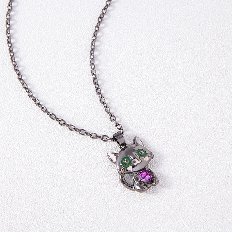 Cartoon Purple Heart Cat Necklace