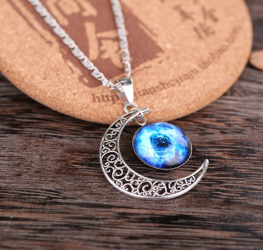 Beautiful Bohemian Starry Nebula Moon Necklace