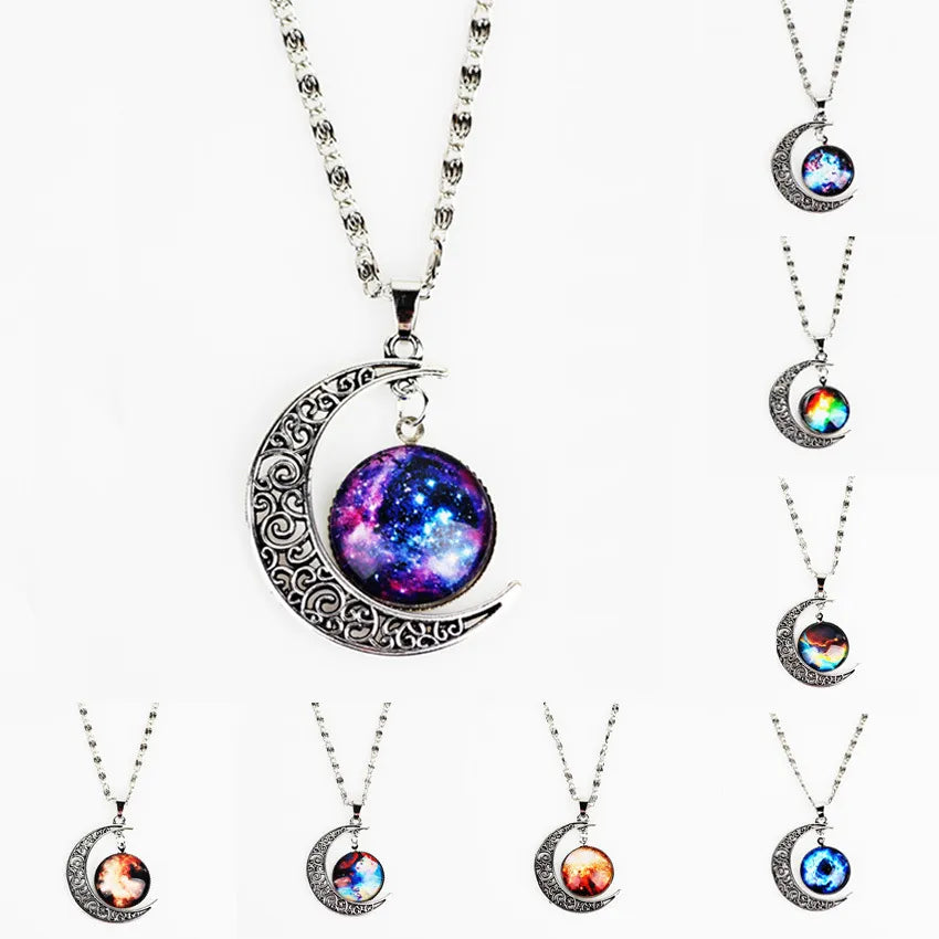 Beautiful Bohemian Starry Nebula Moon Necklace