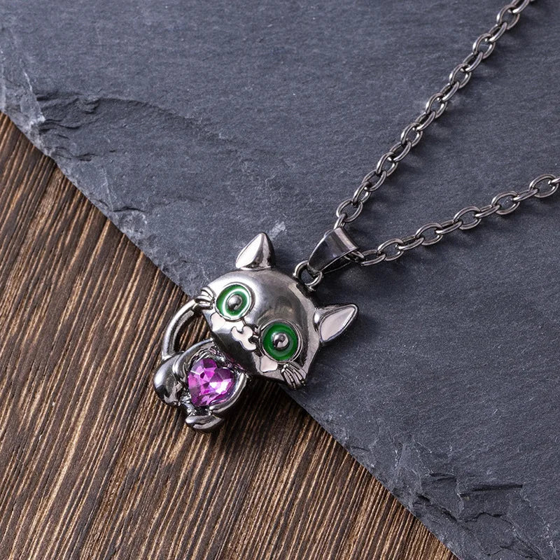 Cartoon Purple Heart Cat Necklace