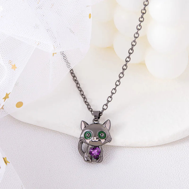 Cartoon Purple Heart Cat Necklace