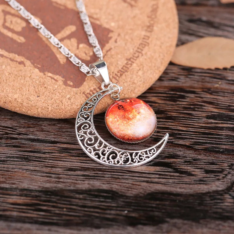 Beautiful Bohemian Starry Nebula Moon Necklace