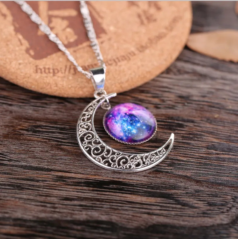 Beautiful Bohemian Starry Nebula Moon Necklace