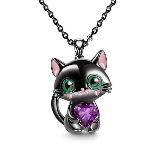 Cartoon Purple Heart Cat Necklace
