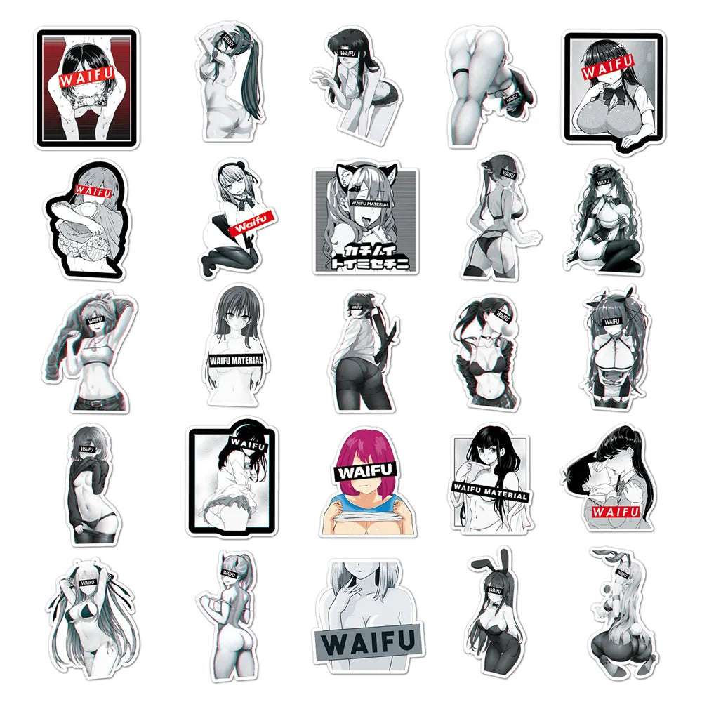 50PCS Waifu Inspired Black And White Hentai Stickers