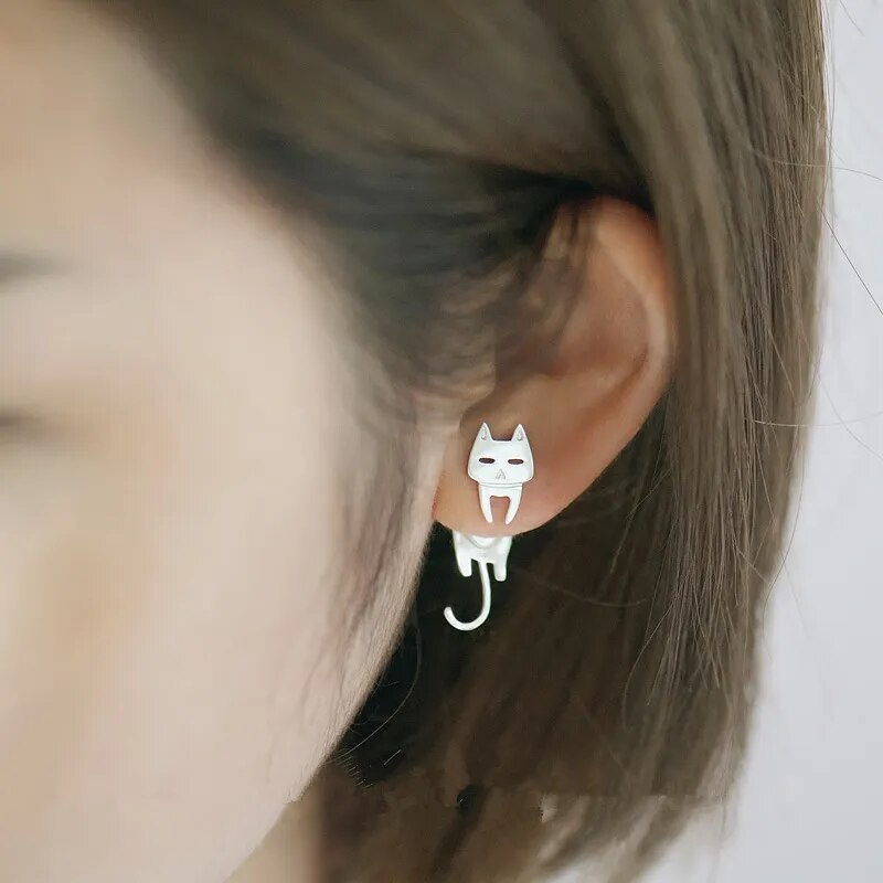 Cute Silver Or Black-Plate Cat Front/FishBack Earrings