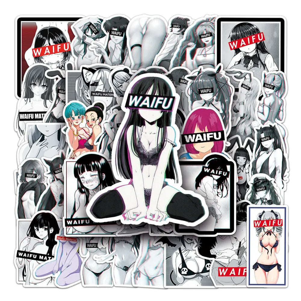 50PCS Waifu Inspired Black And White Hentai Stickers