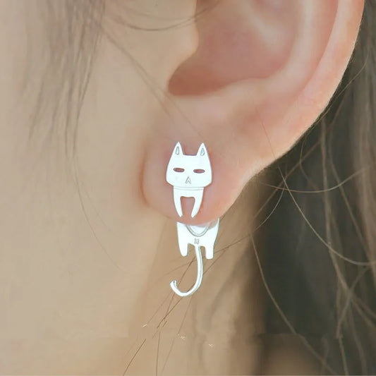 Cute Silver Or Black-Plate Cat Front/FishBack Earrings